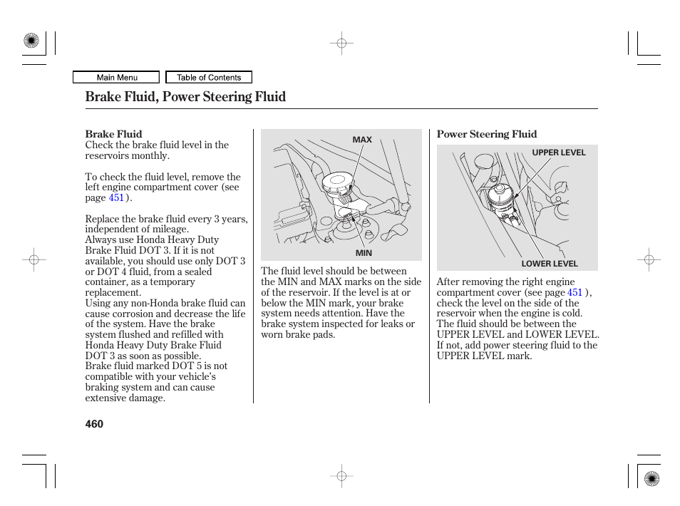 Brake fluid, power steering fluid | Acura 2010 RL User Manual | Page 463 / 551