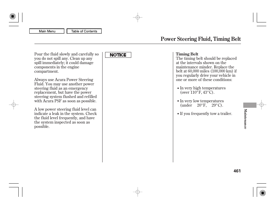 Power steering fluid, timing belt | Acura 2010 RL User Manual | Page 464 / 551