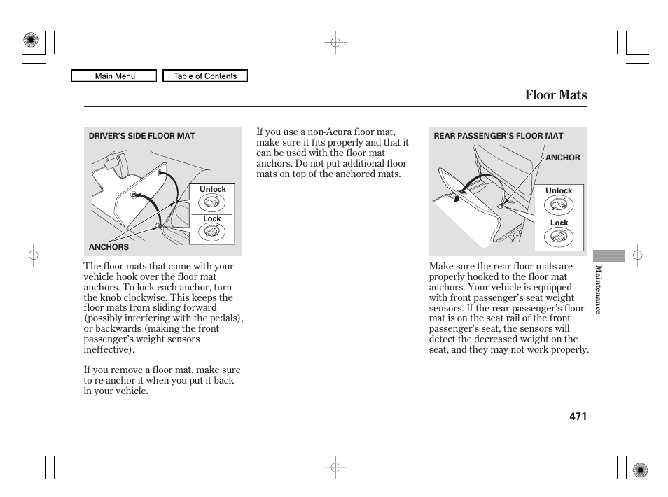 Floor mats | Acura 2010 RL User Manual | Page 474 / 551
