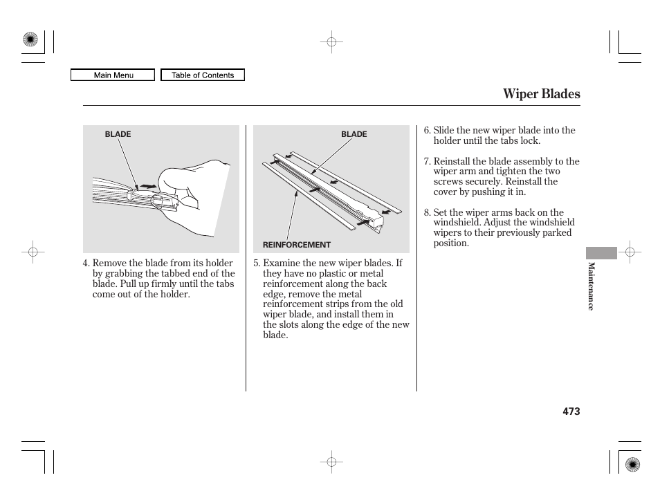 Wiper blades | Acura 2010 RL User Manual | Page 476 / 551