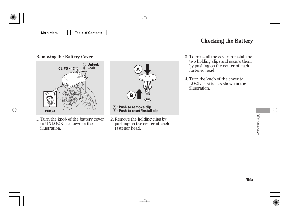 Checking the battery | Acura 2010 RL User Manual | Page 488 / 551