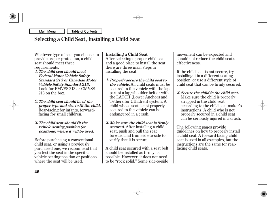 Selecting a child seat, installing a child seat | Acura 2010 RL User Manual | Page 49 / 551