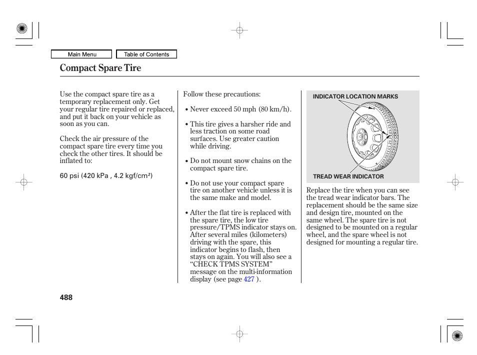 Compact spare tire | Acura 2010 RL User Manual | Page 491 / 551