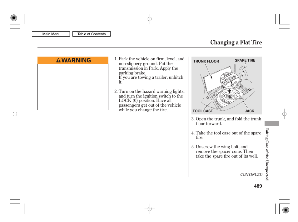 Changing a flat tire | Acura 2010 RL User Manual | Page 492 / 551