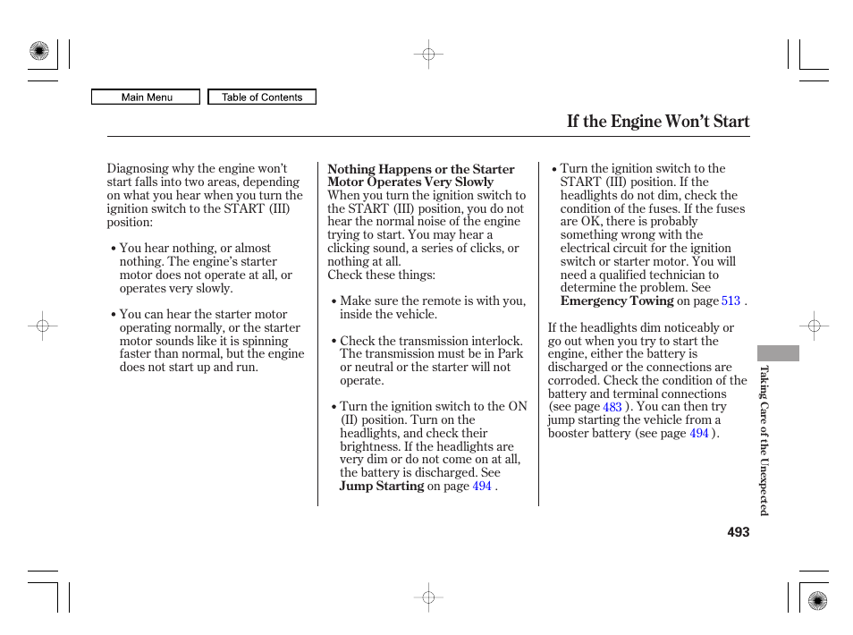 If the engine won’t start | Acura 2010 RL User Manual | Page 496 / 551