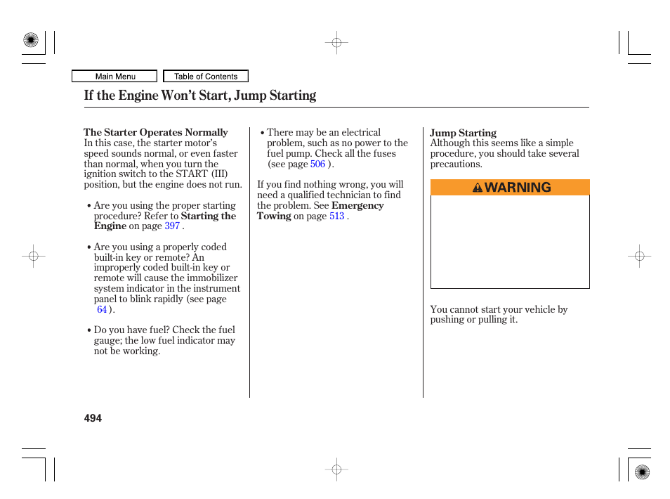 If the engine won’t start, jump starting | Acura 2010 RL User Manual | Page 497 / 551