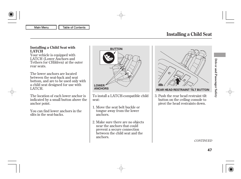 Installing a child seat | Acura 2010 RL User Manual | Page 50 / 551