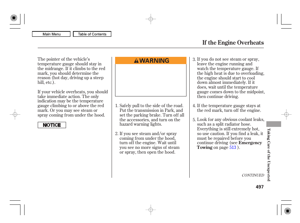 If the engine overheats | Acura 2010 RL User Manual | Page 500 / 551