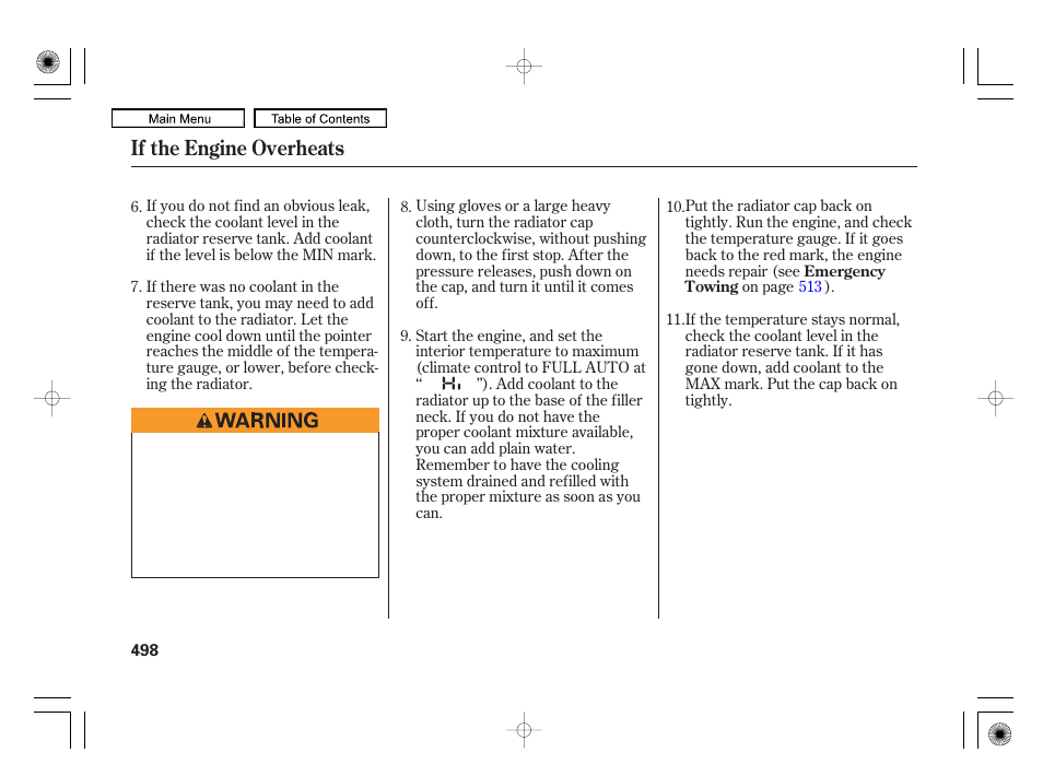 If the engine overheats | Acura 2010 RL User Manual | Page 501 / 551