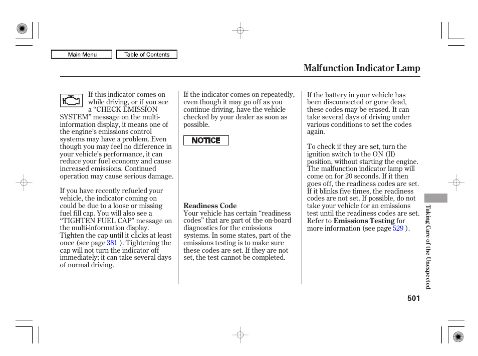Malfunction indicator lamp | Acura 2010 RL User Manual | Page 504 / 551