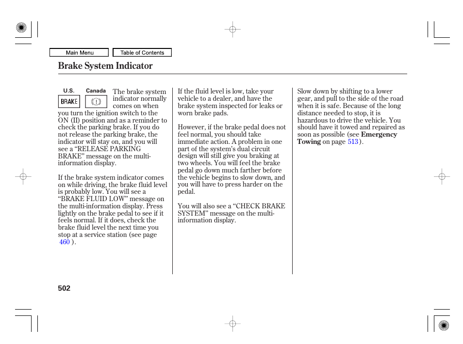 Brake system indicator | Acura 2010 RL User Manual | Page 505 / 551