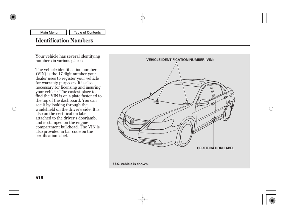 Identification numbers | Acura 2010 RL User Manual | Page 519 / 551