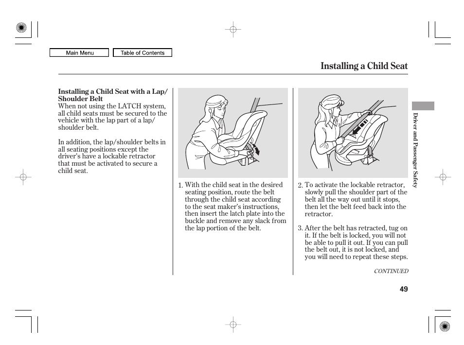 Installing a child seat | Acura 2010 RL User Manual | Page 52 / 551