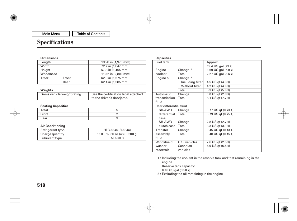 Specifications, 2010 rl | Acura 2010 RL User Manual | Page 521 / 551