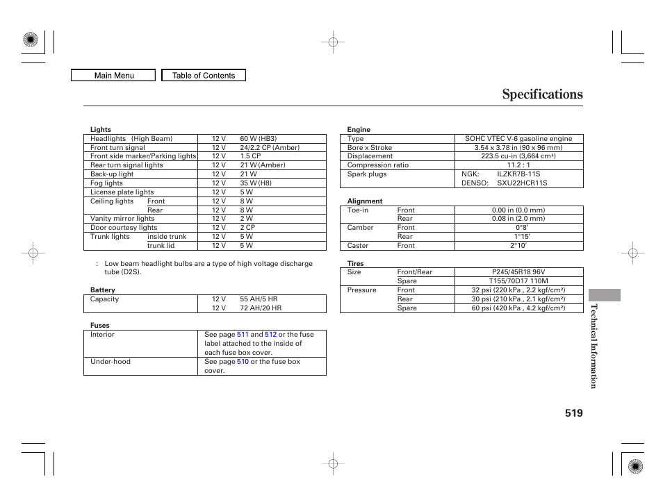Specifications, 2010 rl | Acura 2010 RL User Manual | Page 522 / 551