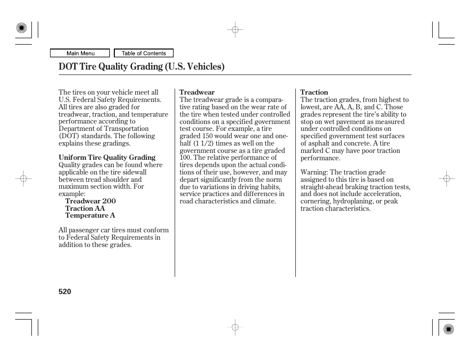 Dot tire quality grading (u.s. vehicles) | Acura 2010 RL User Manual | Page 523 / 551