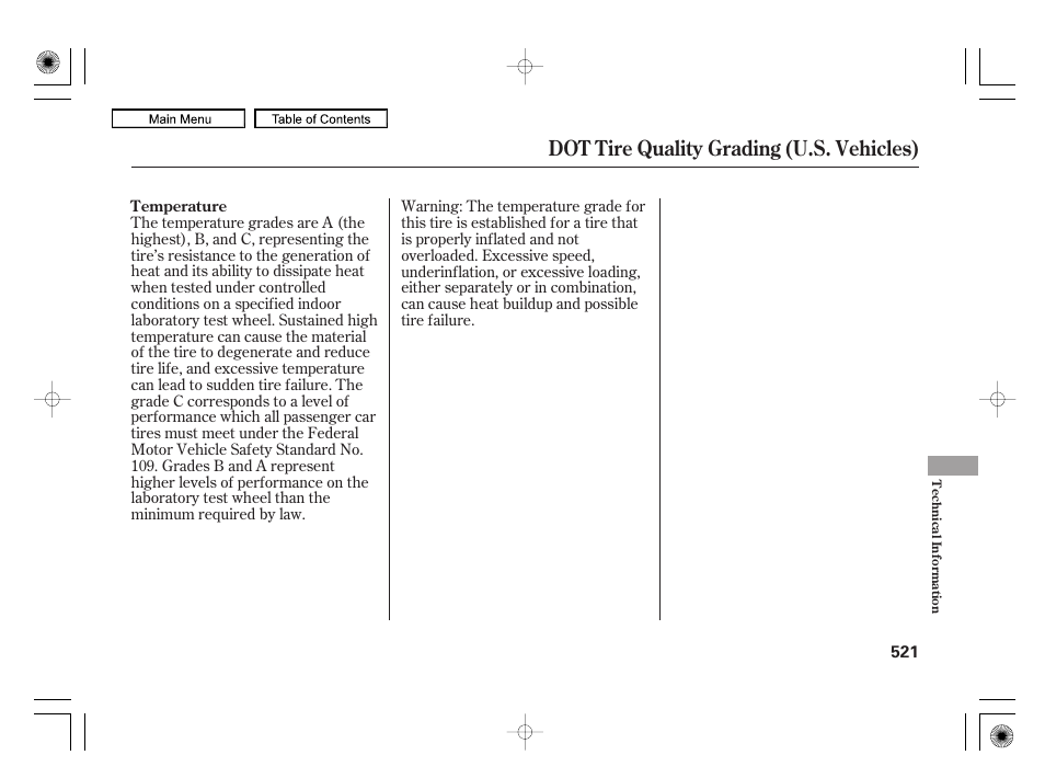 Dot tire quality grading (u.s. vehicles) | Acura 2010 RL User Manual | Page 524 / 551