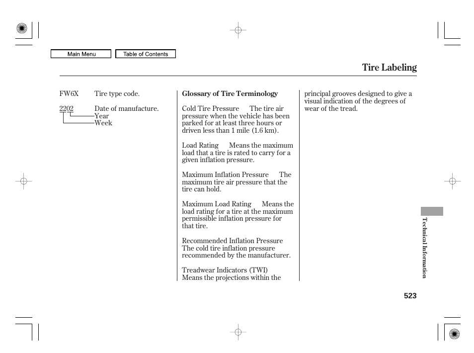 Tire labeling | Acura 2010 RL User Manual | Page 526 / 551