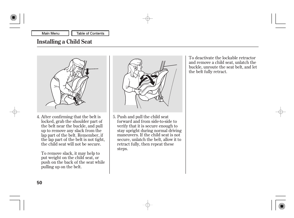 Installing a child seat | Acura 2010 RL User Manual | Page 53 / 551