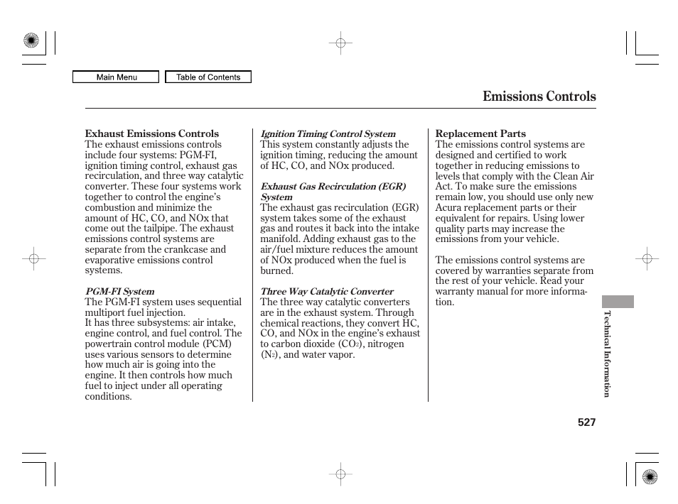 Emissions controls | Acura 2010 RL User Manual | Page 530 / 551