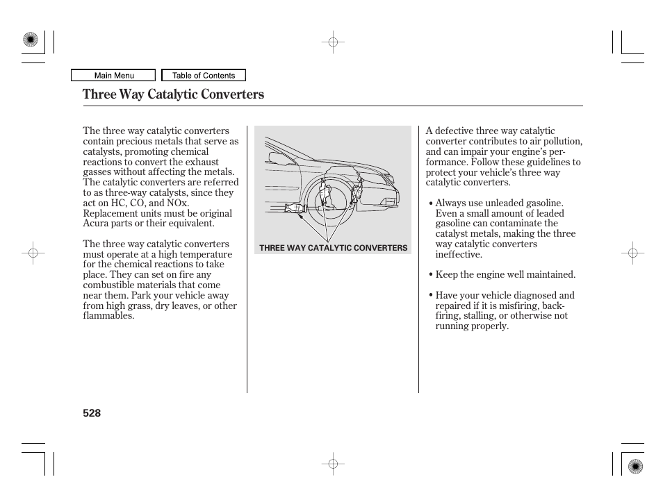 Three way catalytic converters | Acura 2010 RL User Manual | Page 531 / 551