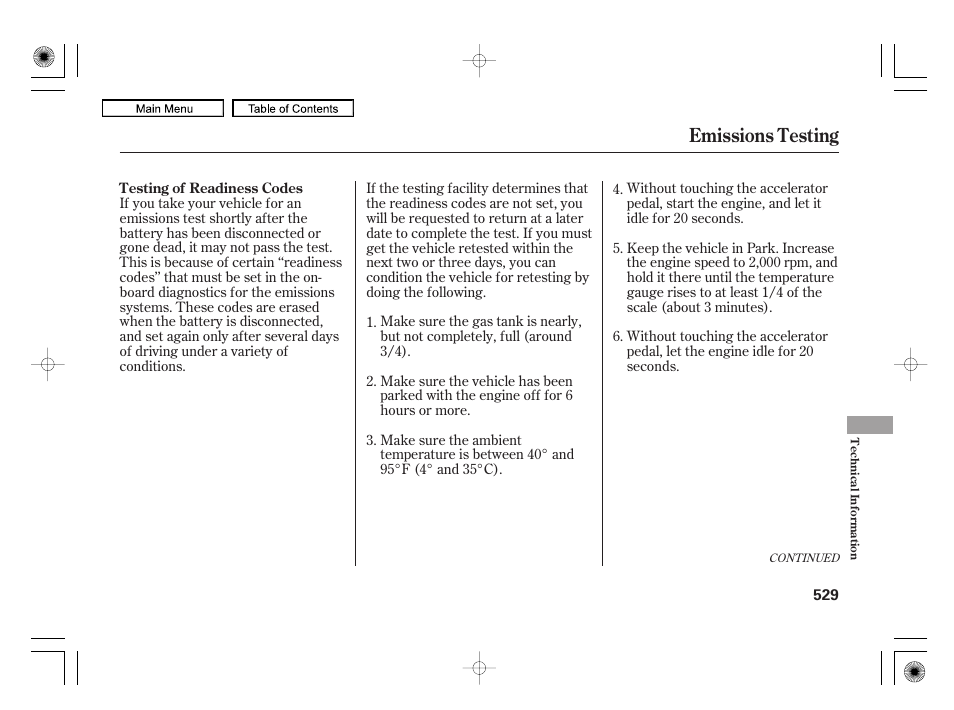 Emissions testing | Acura 2010 RL User Manual | Page 532 / 551