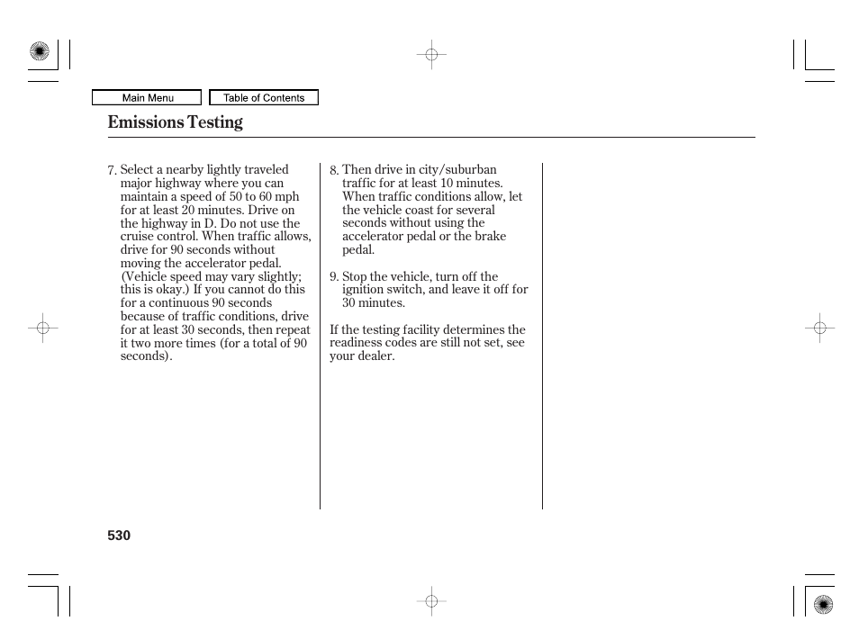 Emissions testing | Acura 2010 RL User Manual | Page 533 / 551