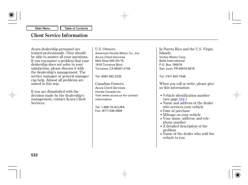 Client service information | Acura 2010 RL User Manual | Page 535 / 551