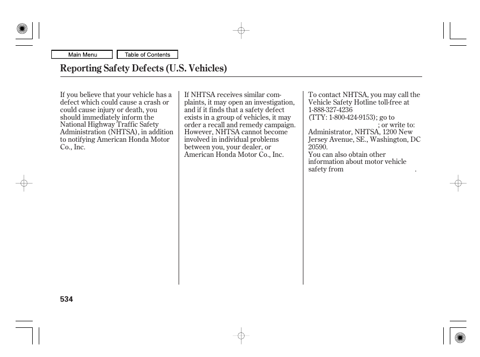 Reporting safety defects (u.s. vehicles) | Acura 2010 RL User Manual | Page 537 / 551