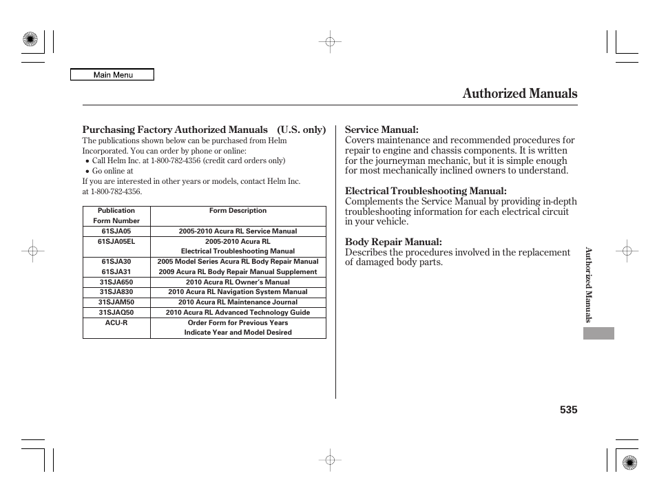 Authorized manuals, 2010 rl | Acura 2010 RL User Manual | Page 538 / 551
