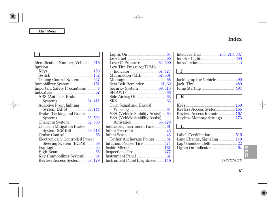 Index | Acura 2010 RL User Manual | Page 544 / 551