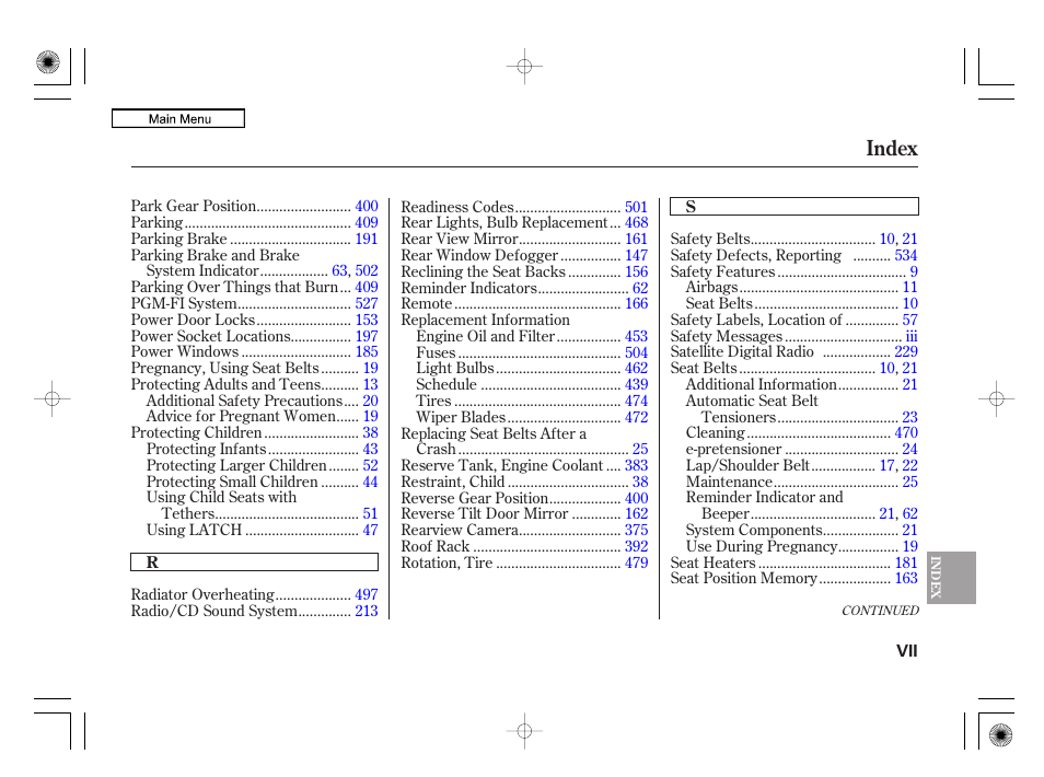 Index | Acura 2010 RL User Manual | Page 546 / 551