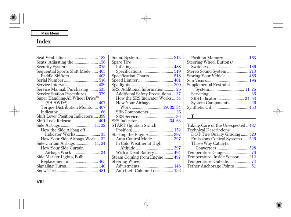 Index | Acura 2010 RL User Manual | Page 547 / 551