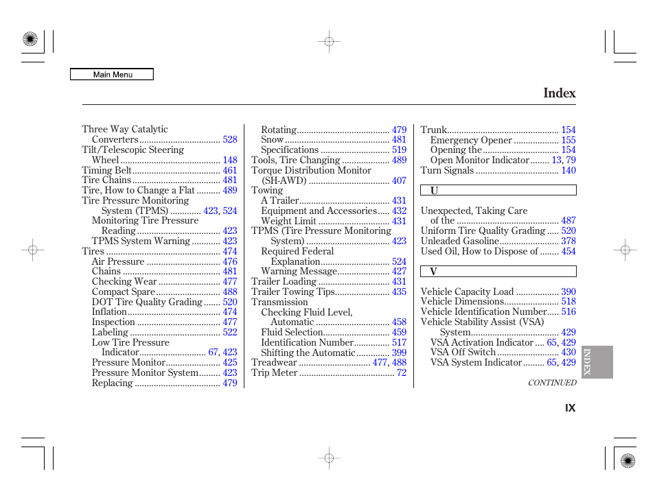 Index | Acura 2010 RL User Manual | Page 548 / 551