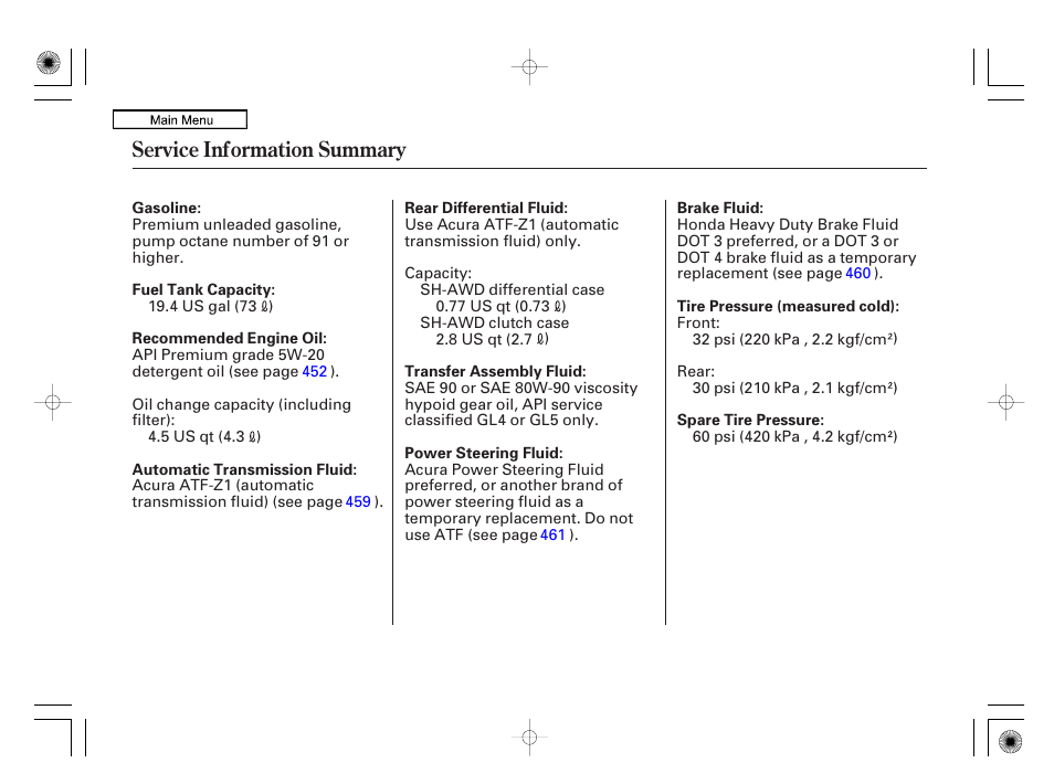 Service inf ormation summary, Service information summary | Acura 2010 RL User Manual | Page 550 / 551
