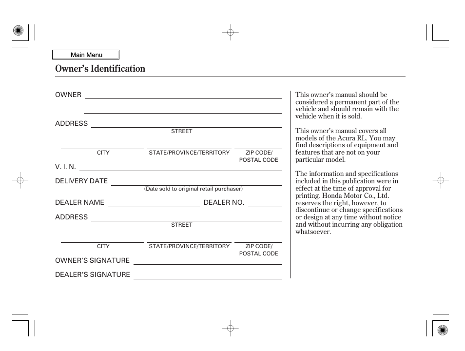 Owner's identification form, Owner’s identification, 2010 rl | Acura 2010 RL User Manual | Page 551 / 551