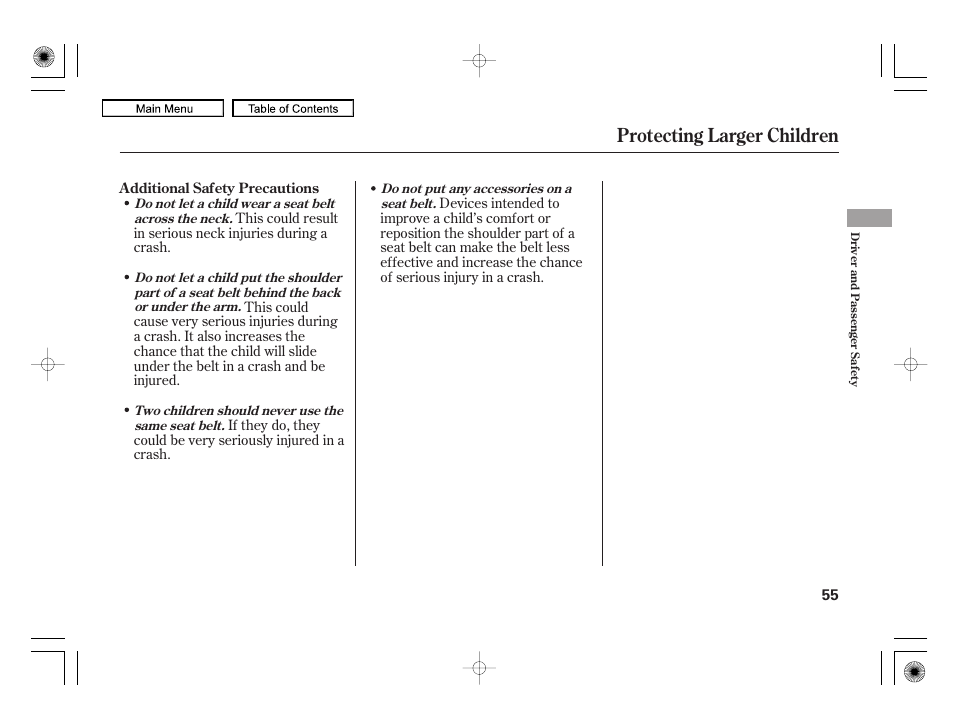 Protecting larger children | Acura 2010 RL User Manual | Page 58 / 551