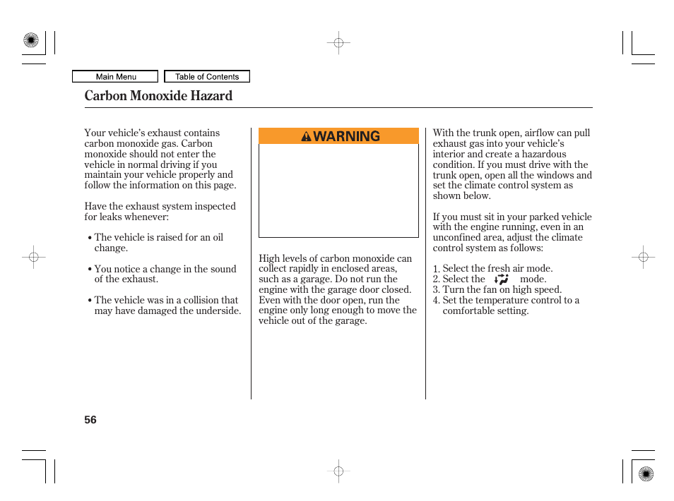 Carbon monoxide hazard | Acura 2010 RL User Manual | Page 59 / 551