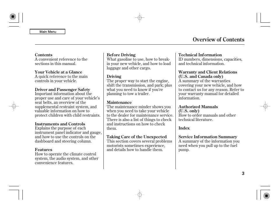 Overview of contents | Acura 2010 RL User Manual | Page 6 / 551
