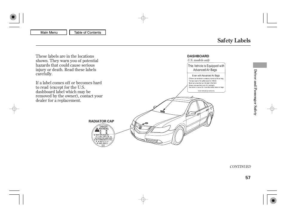 Safety labels | Acura 2010 RL User Manual | Page 60 / 551