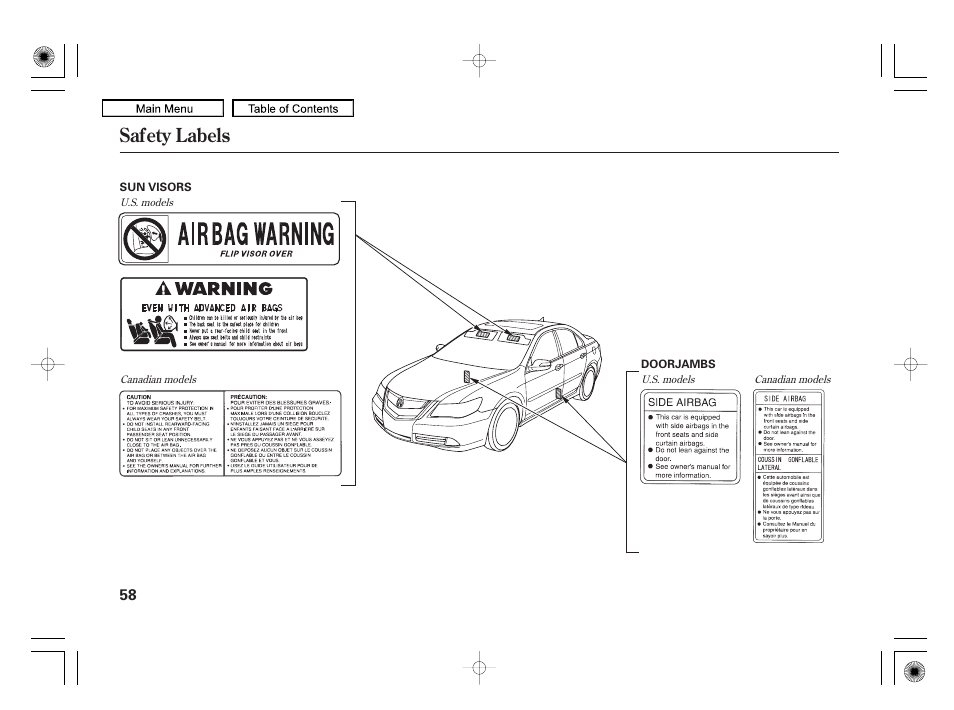 Safety labels | Acura 2010 RL User Manual | Page 61 / 551