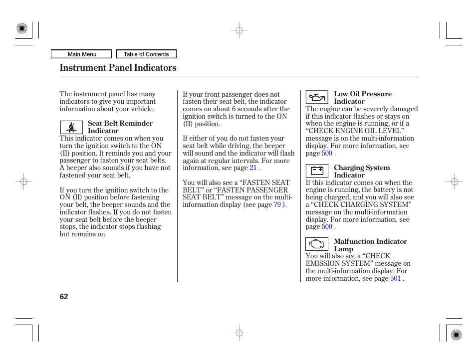 Instrument panel indicators | Acura 2010 RL User Manual | Page 65 / 551