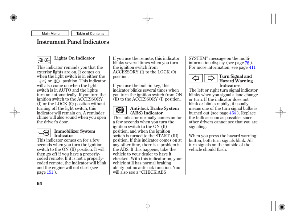 Instrument panel indicators | Acura 2010 RL User Manual | Page 67 / 551