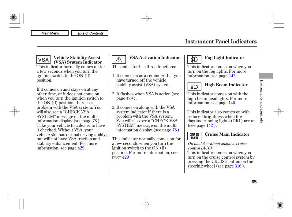 Instrument panel indicators | Acura 2010 RL User Manual | Page 68 / 551