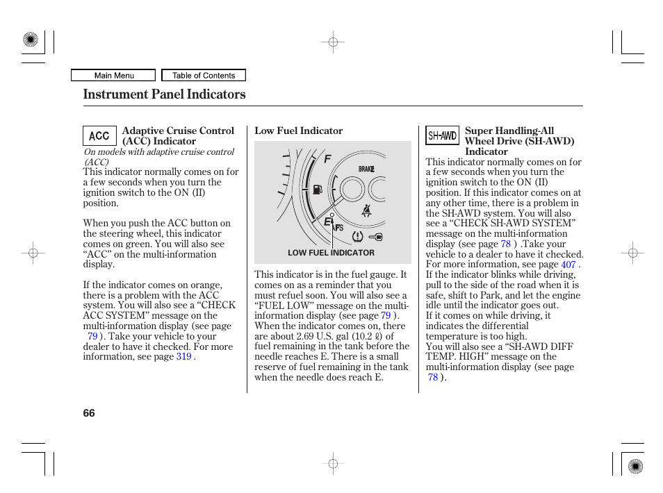 Instrument panel indicators | Acura 2010 RL User Manual | Page 69 / 551