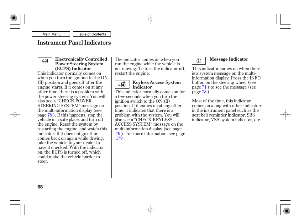 Instrument panel indicators | Acura 2010 RL User Manual | Page 71 / 551