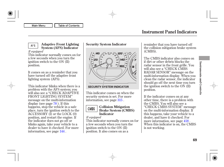 Instrument panel indicators | Acura 2010 RL User Manual | Page 72 / 551