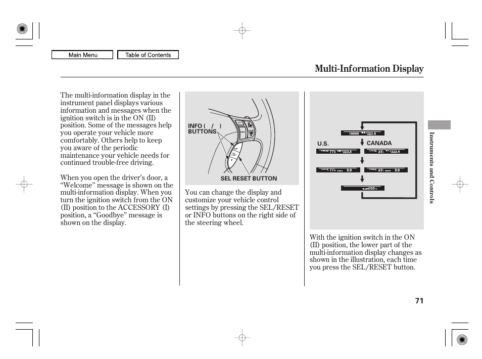Multi-information display | Acura 2010 RL User Manual | Page 74 / 551