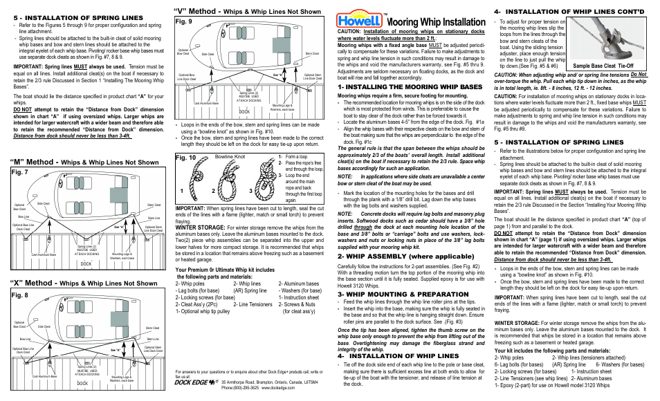Mooring whip installation, X” method, M” method | V” method, Fig. 8, Whips & whip lines not shown, Fig. 7, Installing the mooring whip ba s e s, Whip assembly (where applicable), Whip mounting & preparation | Dock Edge + Mooring Whip User Manual | Page 2 / 2