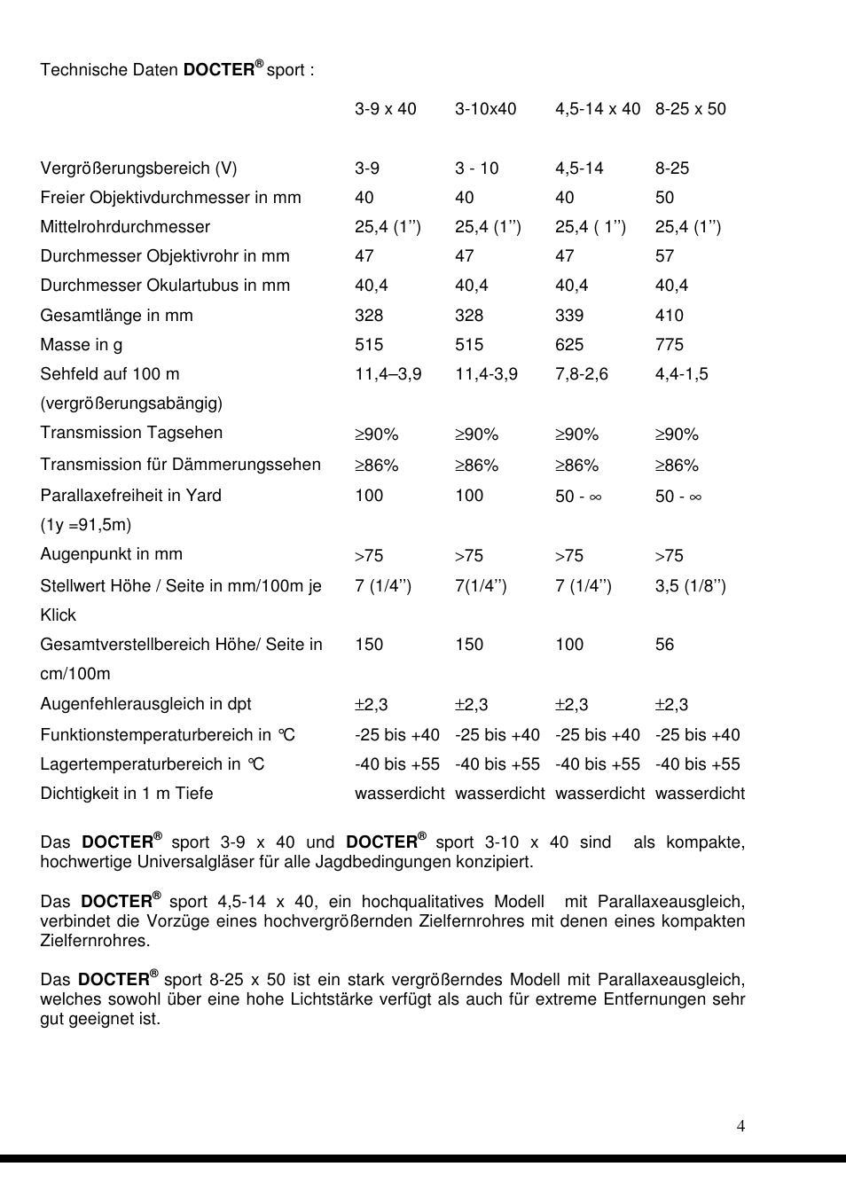 DOCTER DOCTER®sport 8-25x50 User Manual | Page 4 / 29